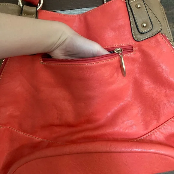 Coral & camel/tan, gold studded, purse. - Picture 6 of 14